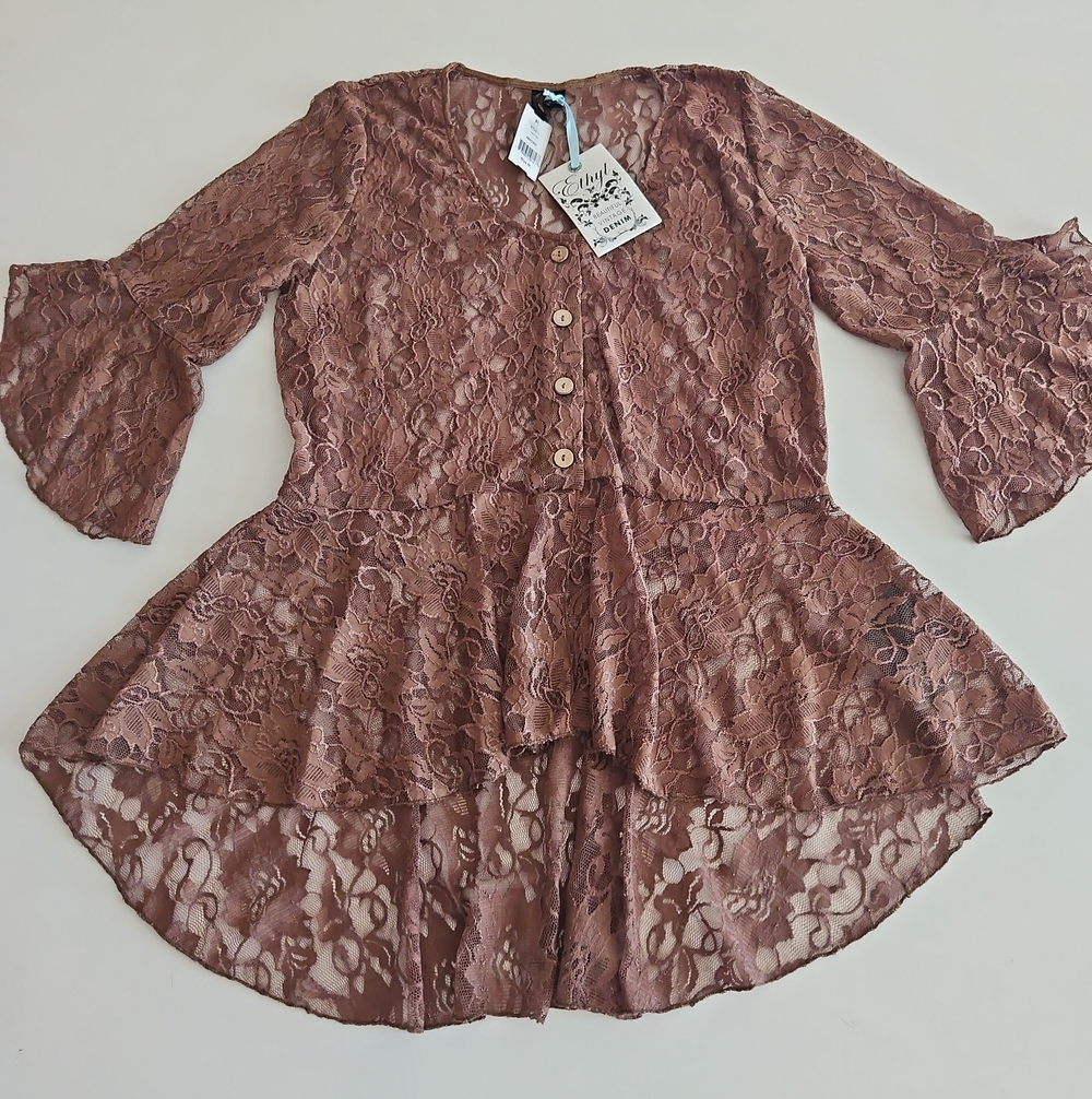 Ethyl Brown Lace Peplum Button-Front Blouse